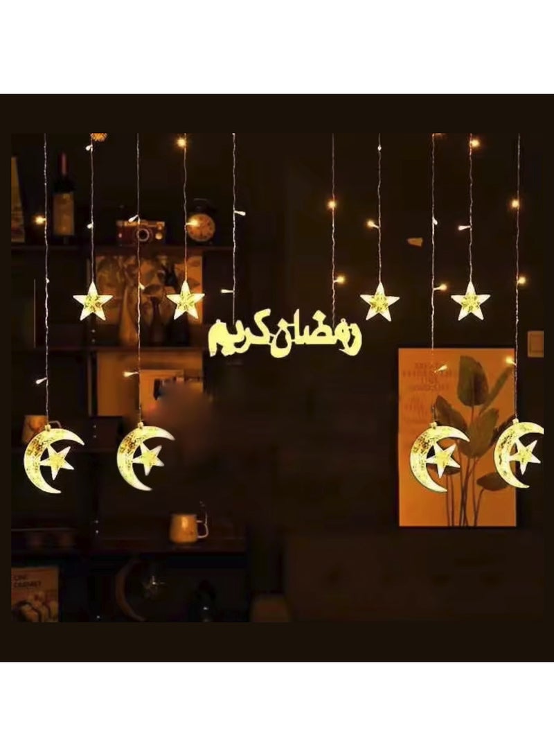 Ramadan Curtain String Lights 3 Meter LED Warm White, Moon Star & Ramadan Kareem Sign Decorative Fairy Lights with 3-Pin Plug, Multi-Mode LED Eid & Ramadan Decoration Lights for Home Indoor